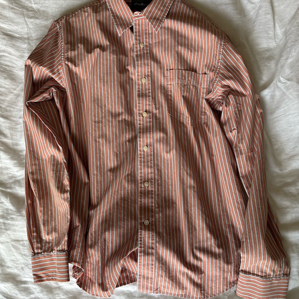Eddie Bauer Men's Striped Button Down Shirt - Salmon and White Vintage Fall 2009